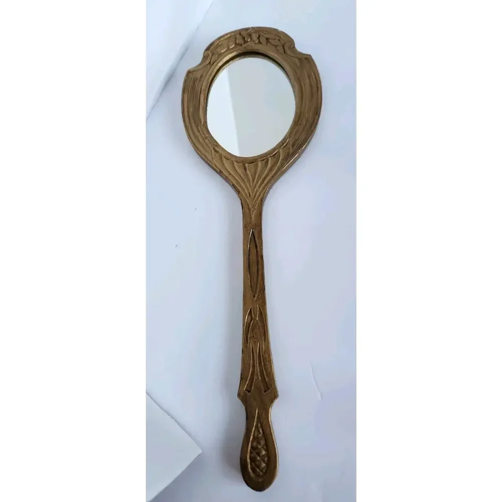 Vintage Hollywood Regency Carved & Gold Gilded Handheld Wood Vanity Mirror
